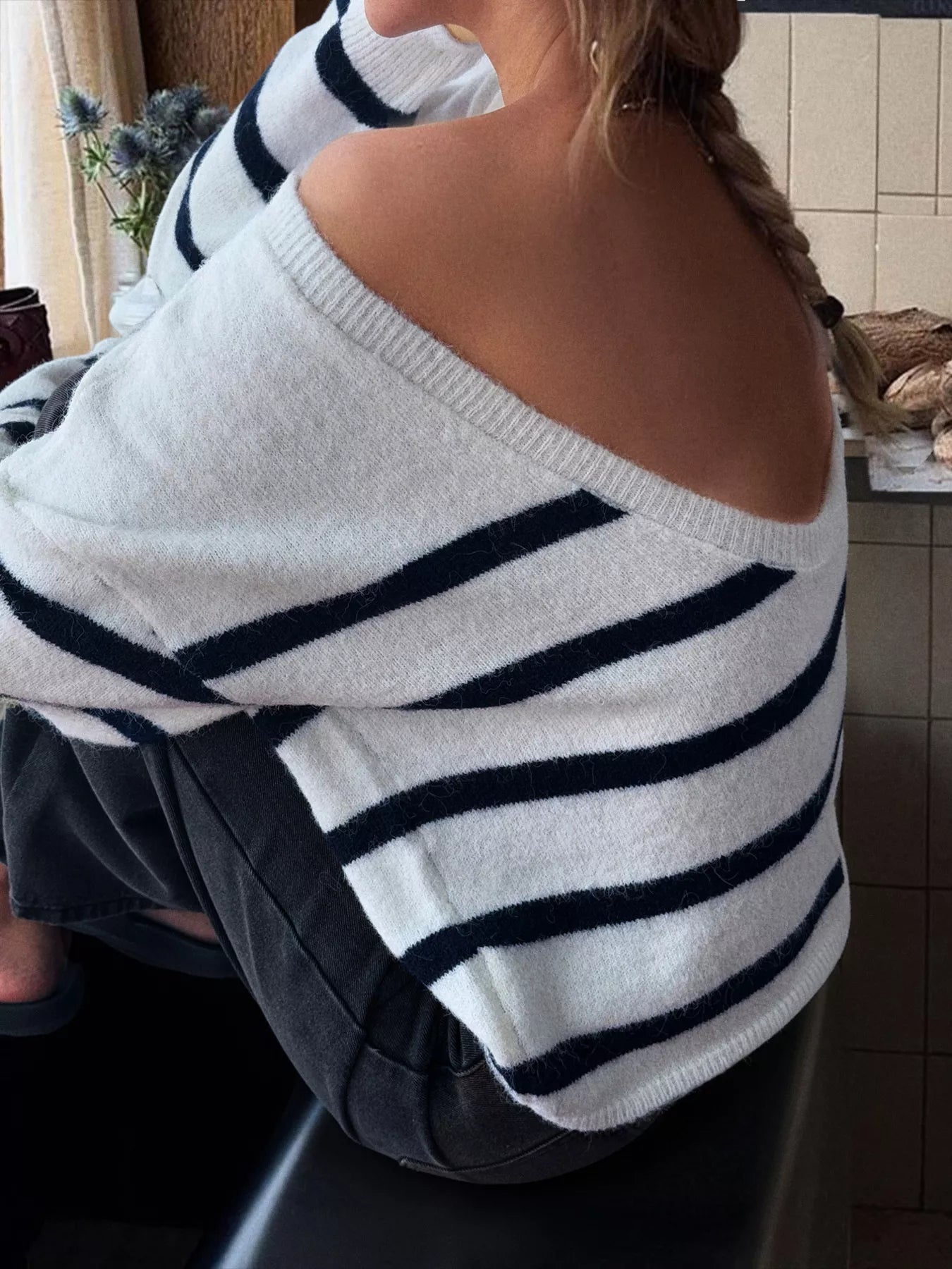 Striped Round Neck Long Sleeve Knit Top OutfitFlow