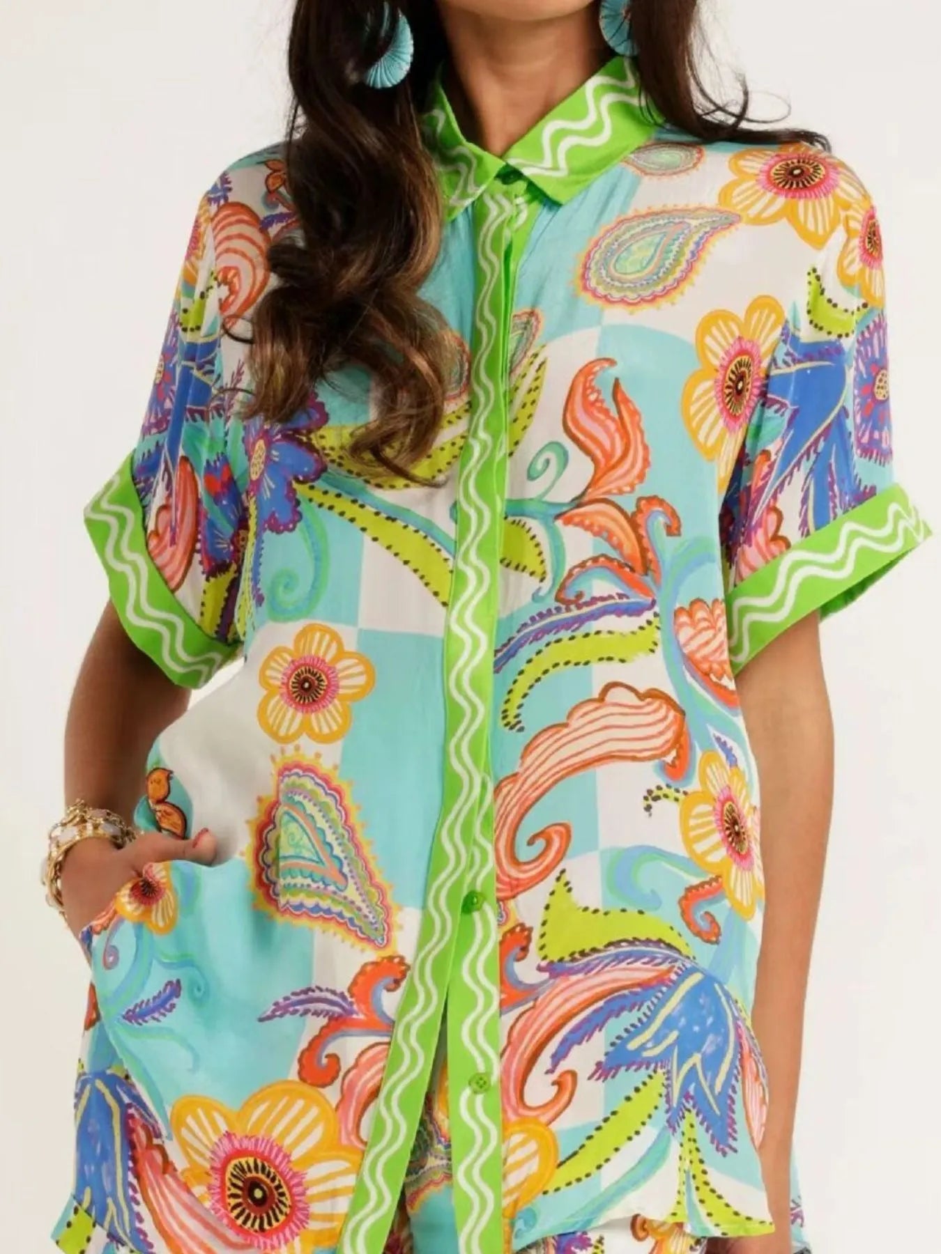 Printed Button Up Shirt and Shorts Set OutfitFlow