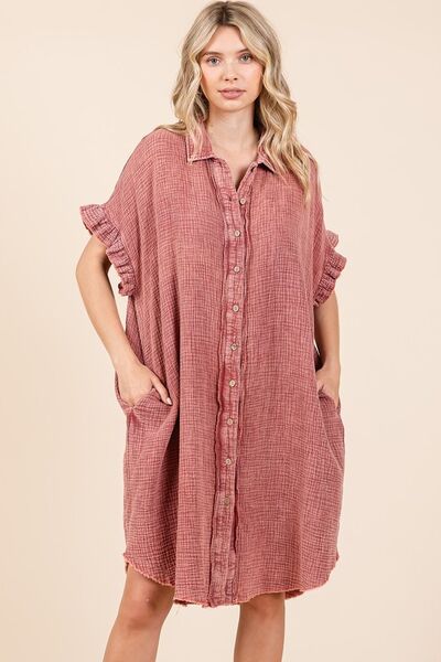 Mittoshop Mineral Wash Cotton Gauze Mini Shirt Dress Rust OutfitFlow