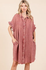 Mittoshop Mineral Wash Cotton Gauze Mini Shirt Dress Rust OutfitFlow