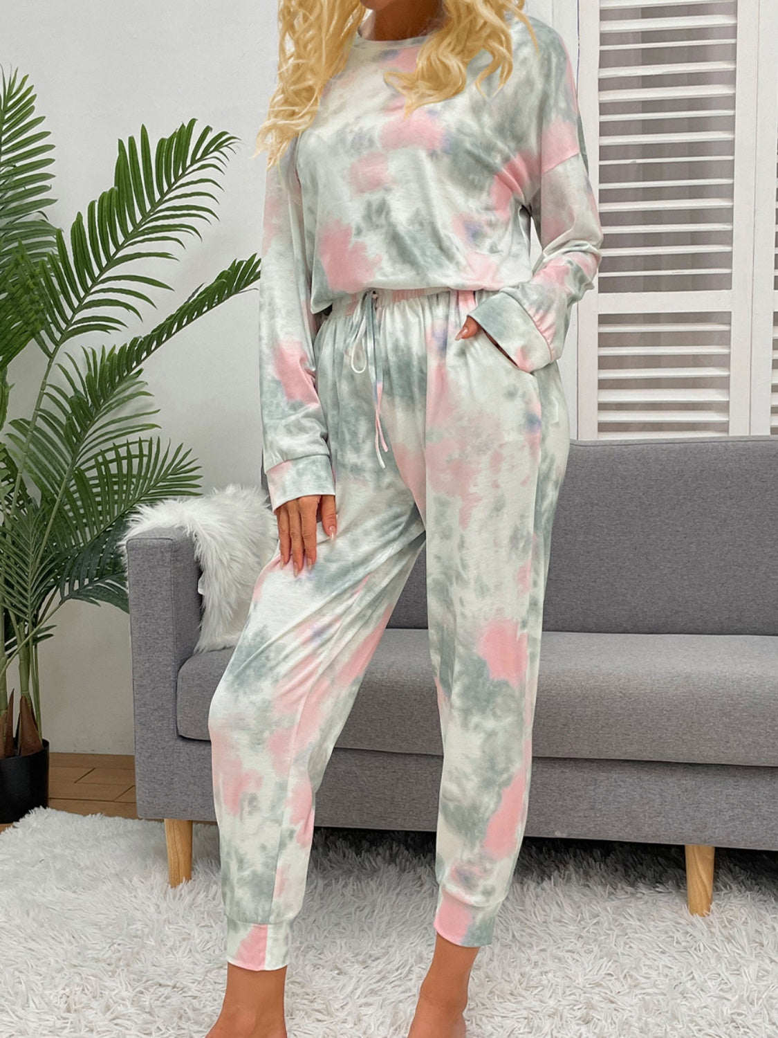 Outfit Flow - Shiny Tie-Dye Round Neck Top and Drawstring Pants Lounge Set