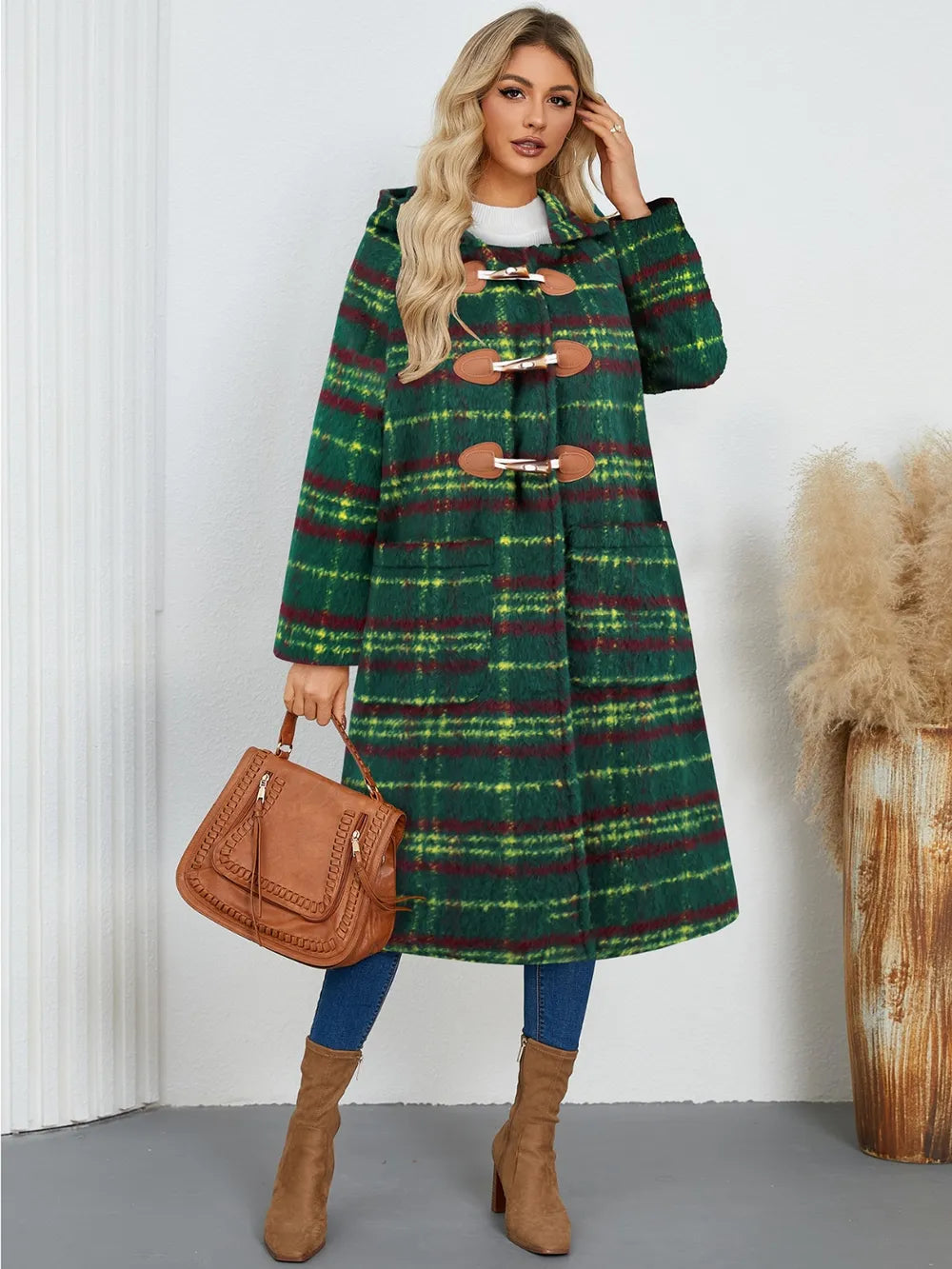 Plaid Long Sleeve Hooded Coat with Pockets OutfitFlow
