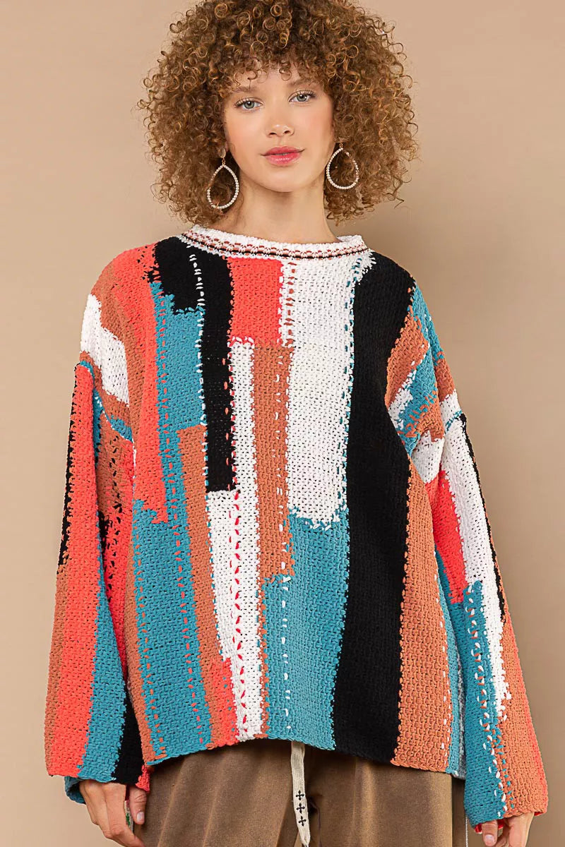 POL Color Block Round Neck Oversized Sweater OutfitFlow