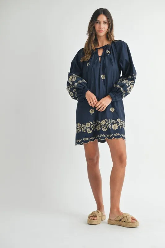 MABLE Embroidered Long Sleeve Peasant Mini Dress OutfitFlow