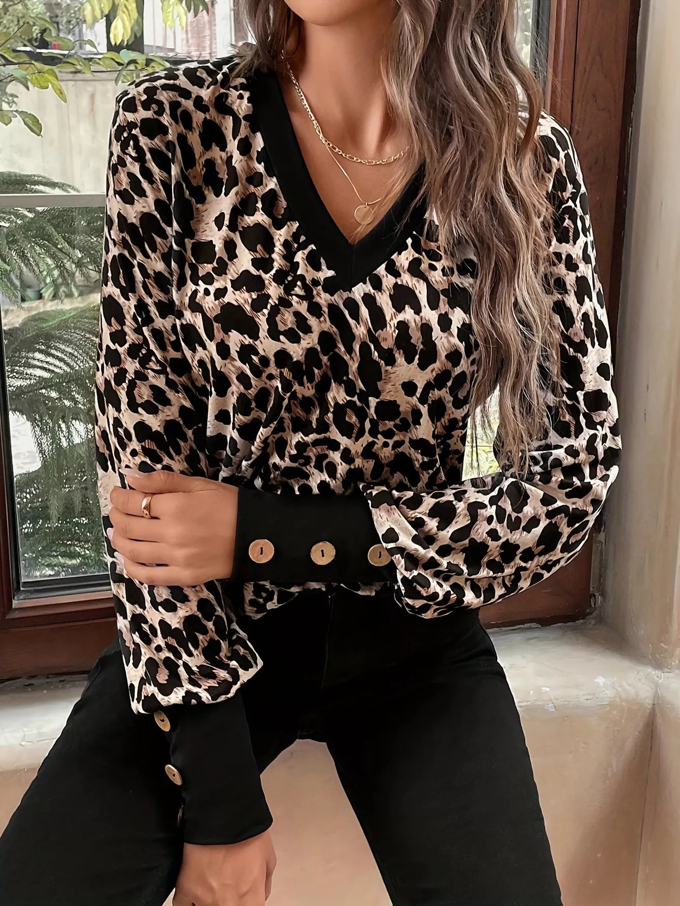 Leopard Print V-Neck Long Sleeve T-Shirt OutfitFlow