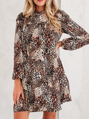Leopard Ruffled Detail Long Sleeve Loose Mini Dress Brown OutfitFlow