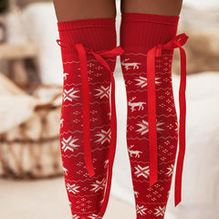 Outfit Flow - Christmas Element Bowknot Ribbed Trim Over Knee Stockings