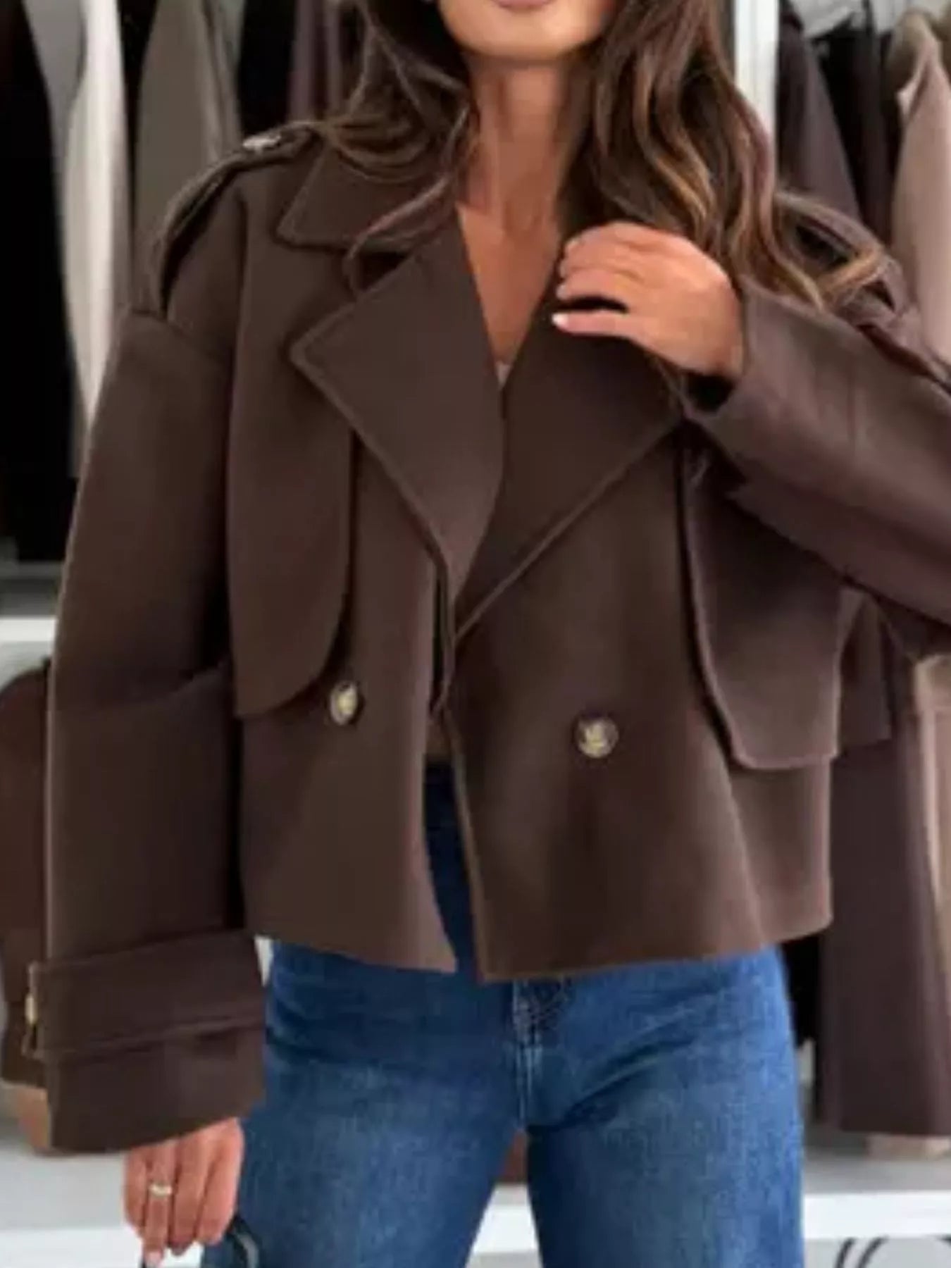 Lapel Collar Dropped Shoulder Jacket Trendsi