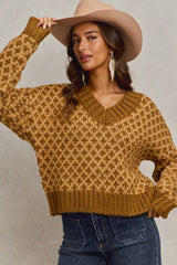 SO ME Color Block Textured Christmas Sweater V Neck Top OutfitFlow