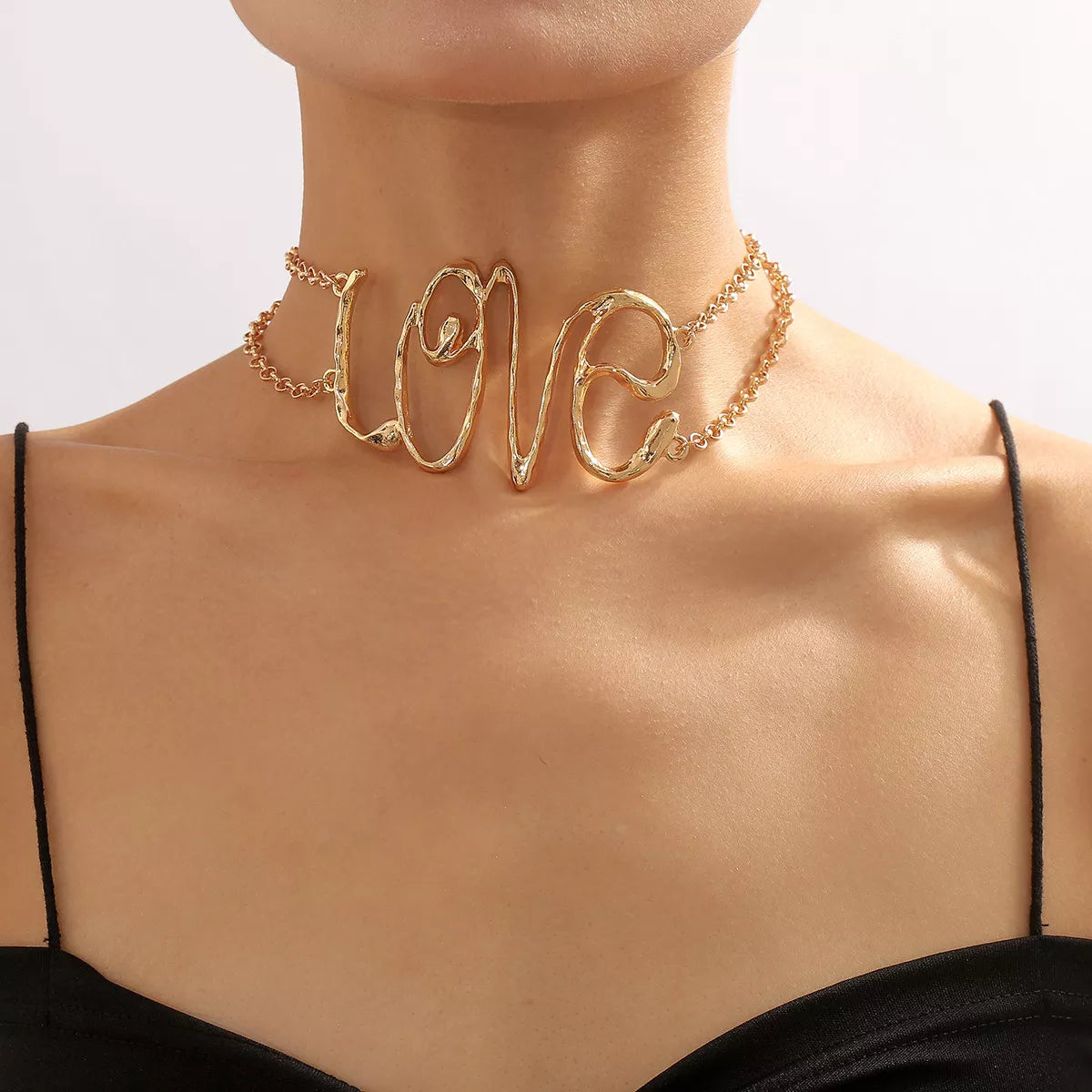 Gold Wire Love Script Statement Necklace Gold onesize OutfitFlow