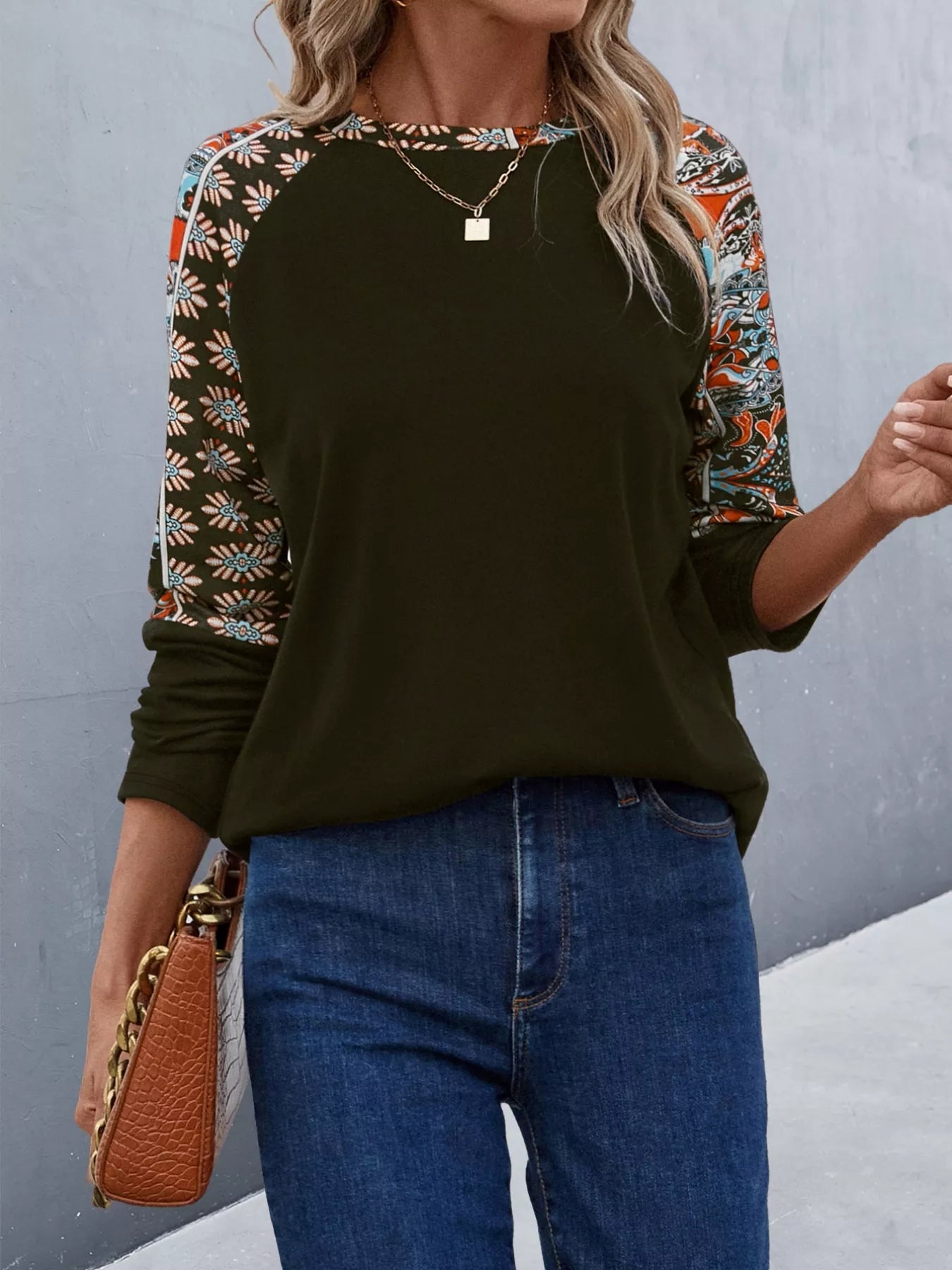 Printed Raglan Sleeve Round Neck T-Shirt Black Trendsi