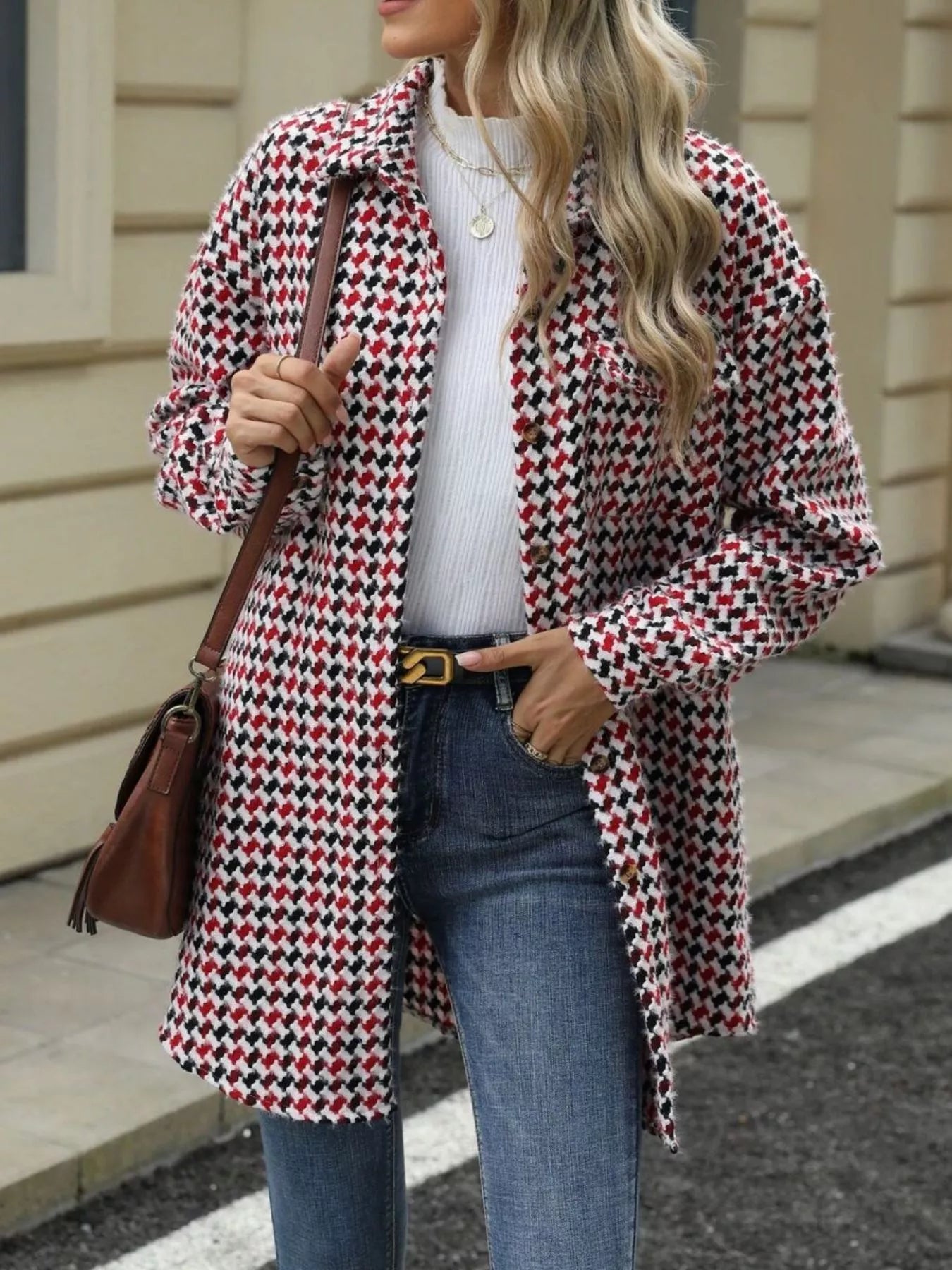 Houndstooth Button Up Long Sleeve Coat Trendsi