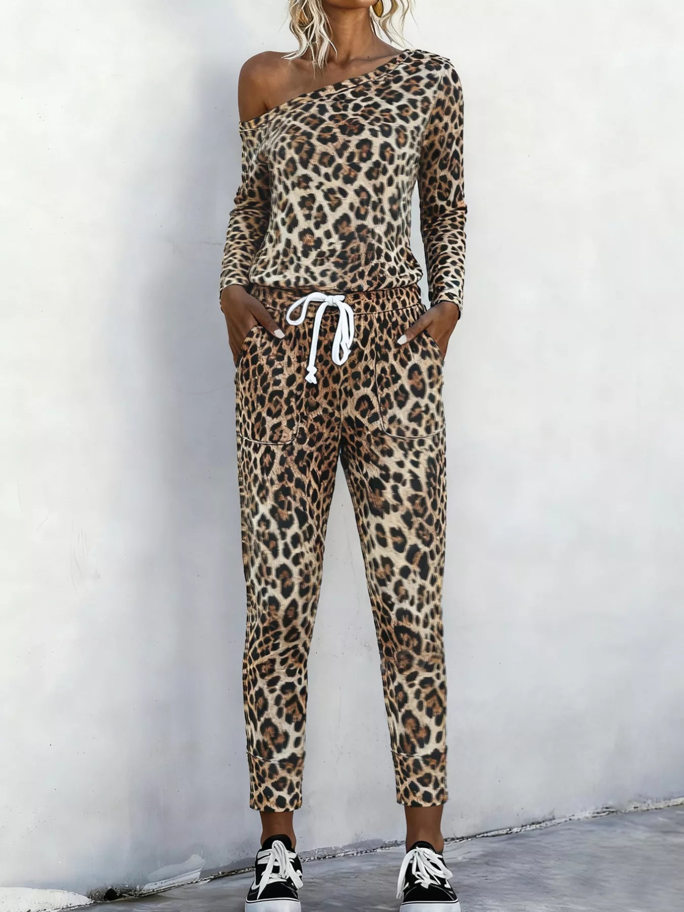 Leopard Print One-Shoulder Top and Pants Set OutfitFlow