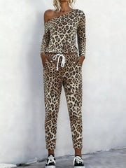 Leopard Print One-Shoulder Top and Pants Set OutfitFlow