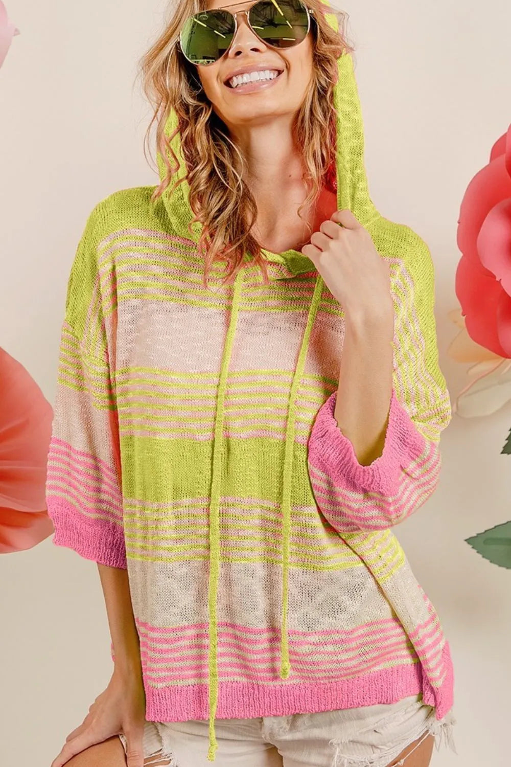 BiBi Short Sleeve Stripe Low Gauge Knit Hoodie N.GREEN N.PINK OutfitFlow
