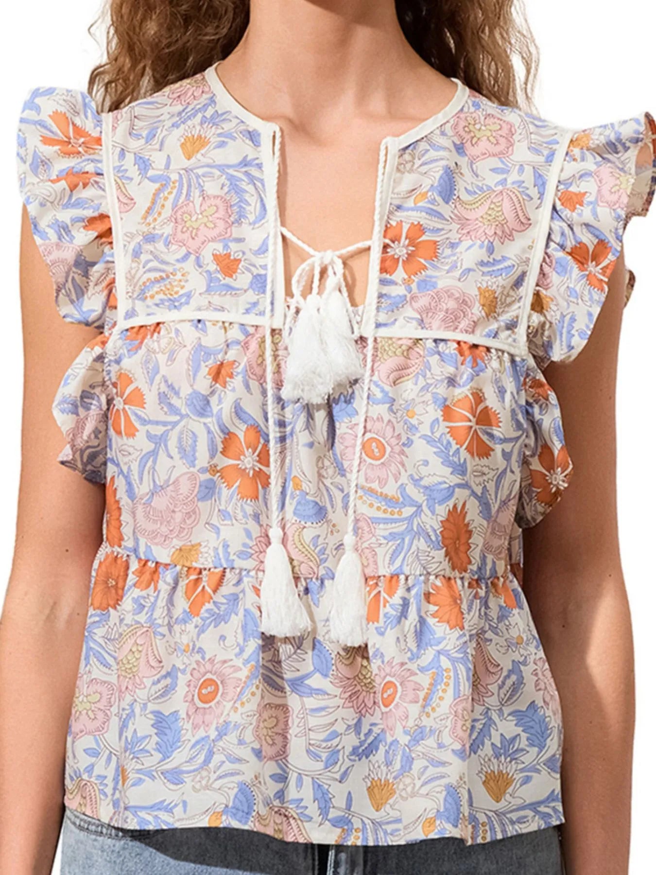Tassel Ruffled Striped Blouse OutfitFlow