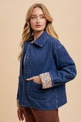 Annie Wear Quilted Printed Lining Snap Down Denim Jacket