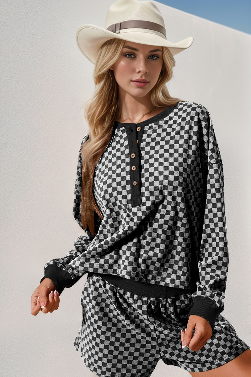 Double Take Checkered Half Button Top and Shorts Set White OutfitFlow