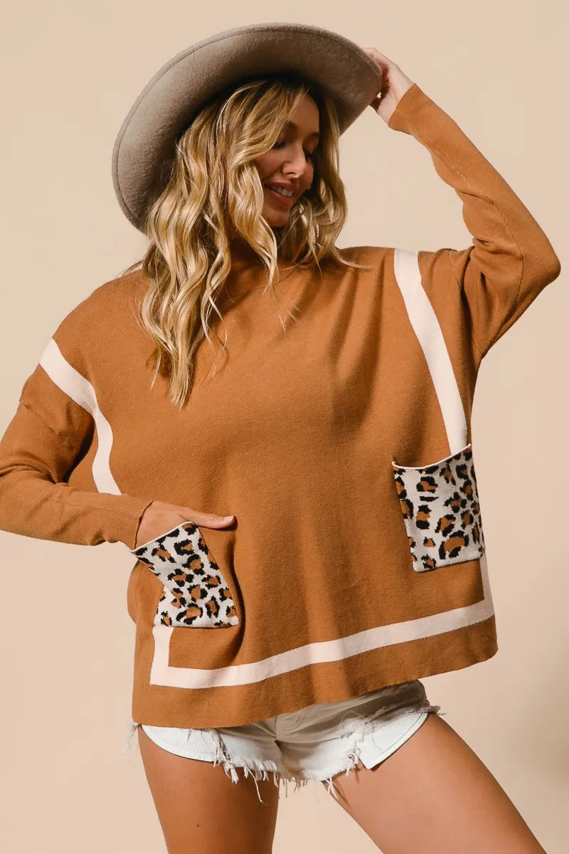 BiBi Mock Neck Sweater with Leopard Pocket OutfitFlow