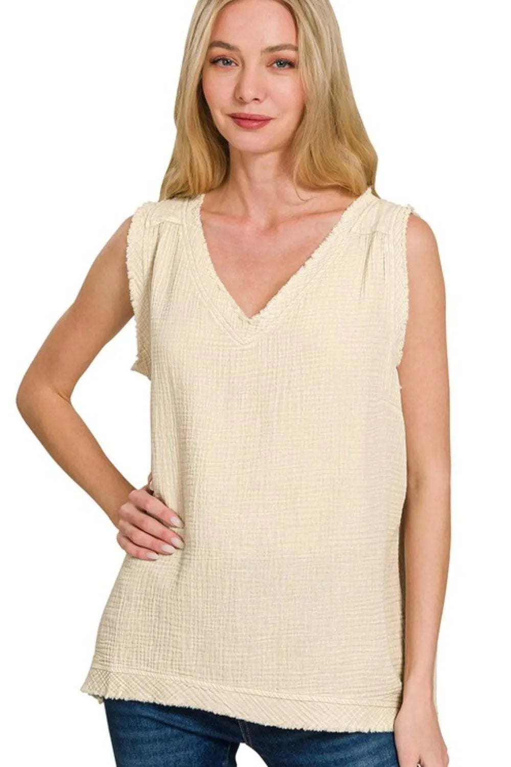 Zenana Double Gauze Raw Edge Acid Washed Tank SAND BEIGE OutfitFlow