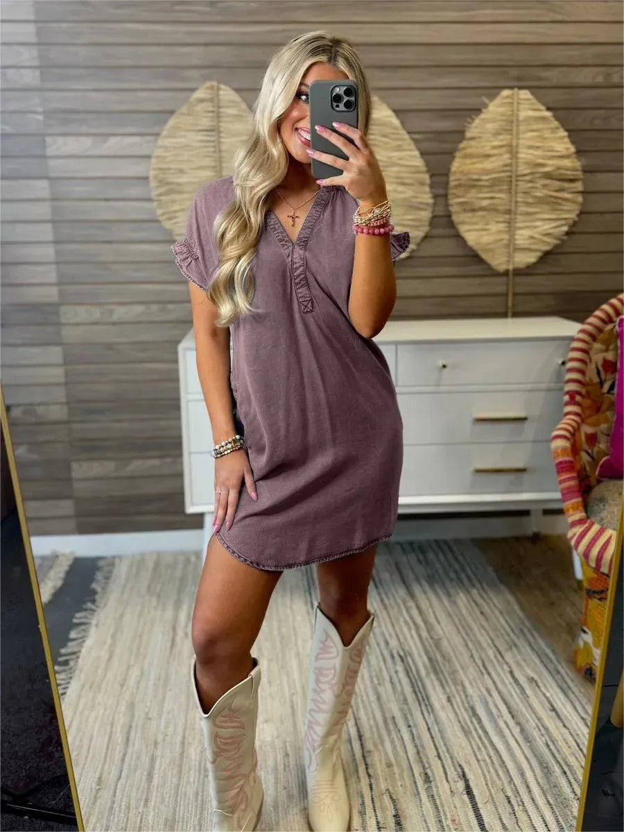 Full Size V-Neck Short Sleeve Denim Dress Plus Size Gray Purple OutfitFlow