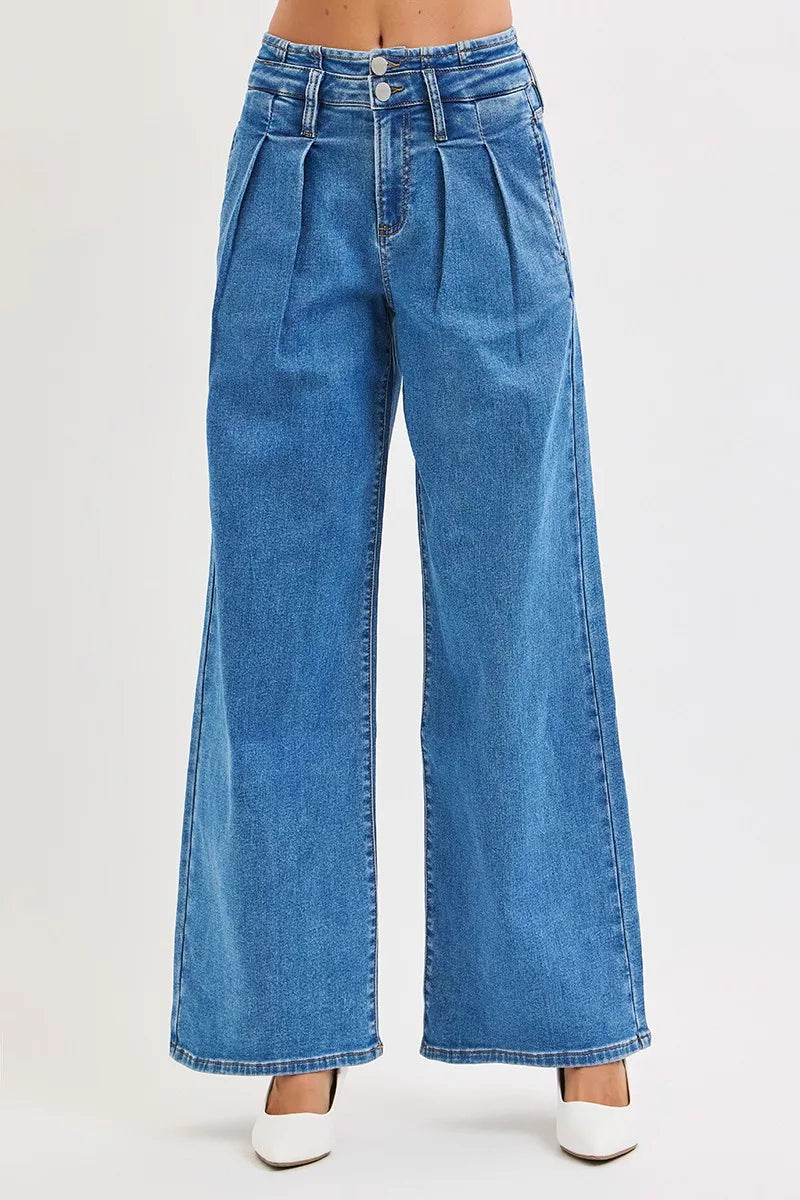 RISEN Full Size Mid Rise Fit Wide Leg with Pleated Detail Jeans Plus Size MEDIUM OutfitFlow