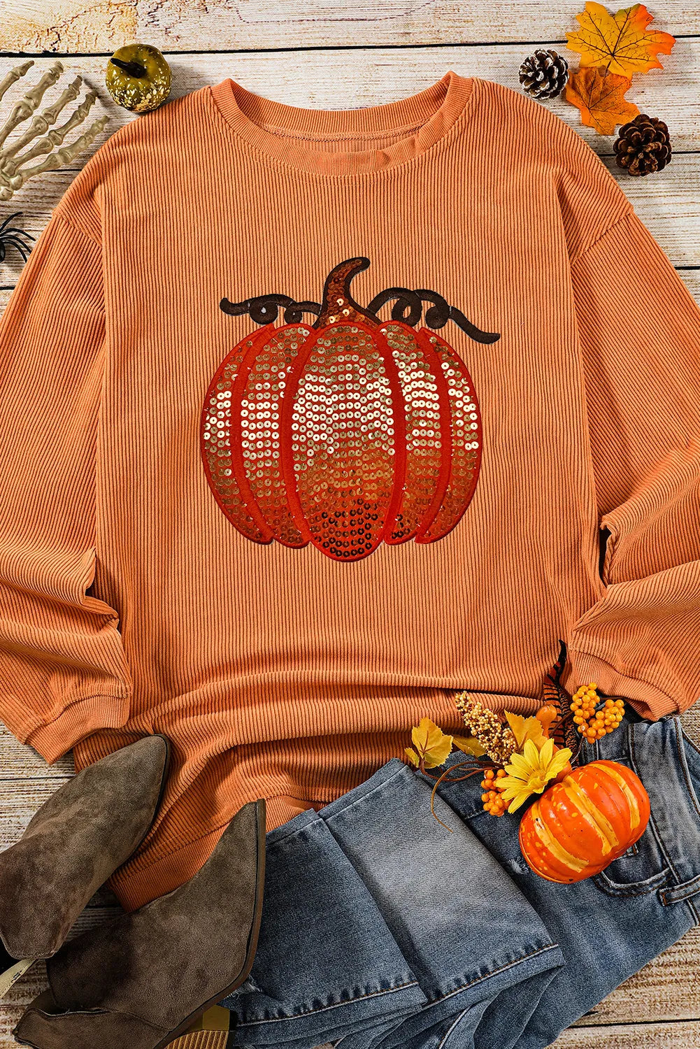 Sequin Pumpkin Round Neck Long Sleeve Sweatshirt OutfitFlow