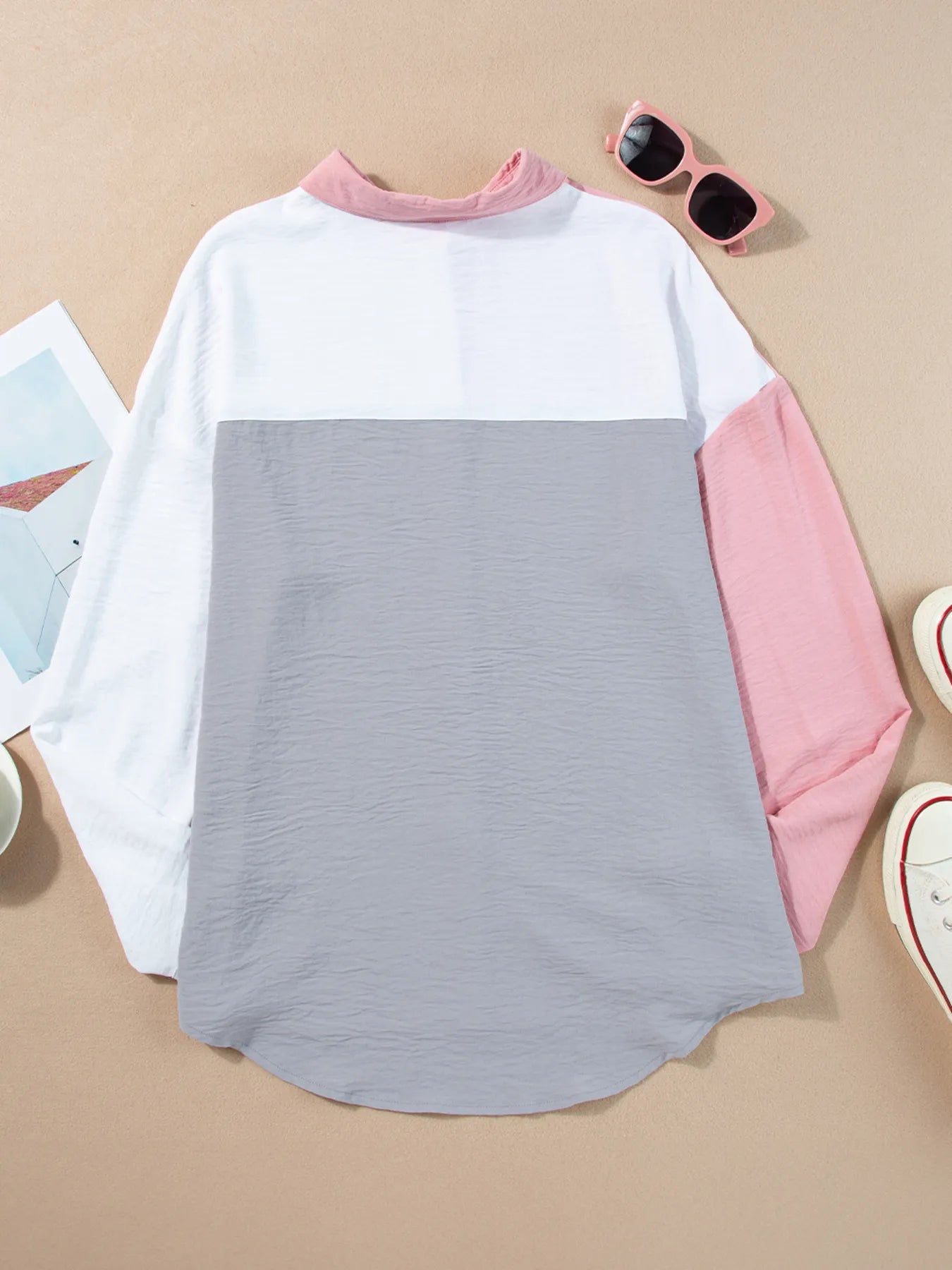 Color Block Oversized Button-Up Shirt with Chest Pocket OutfitFlow