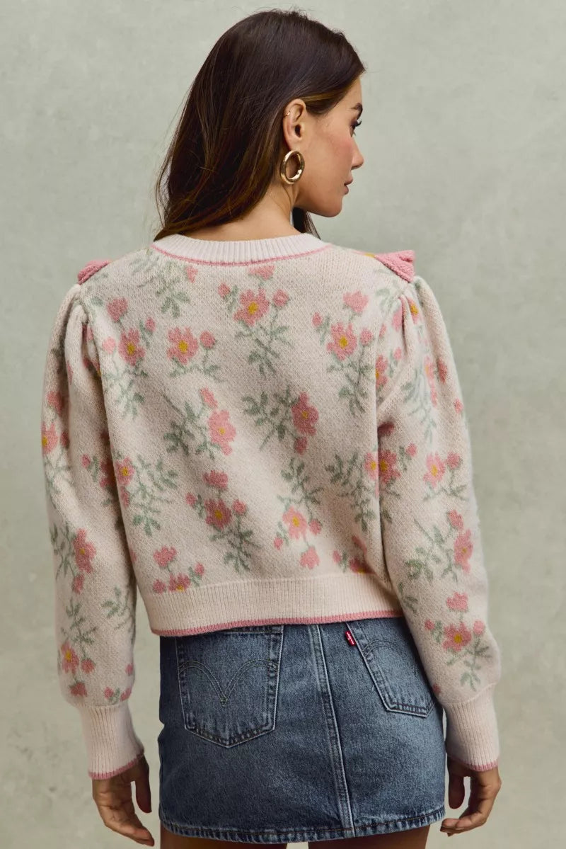 SO ME Flower With Ruffle Detailing Sweater Cardigan OutfitFlow