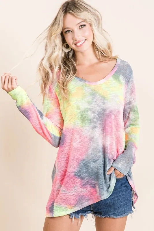 BiBi Tie Dye Print Low Gauge Knit Top NEON PINK GREY OutfitFlow