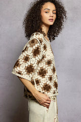 POL Round Neck Short Sleeve Color Pattern Crochet Top with Border Accents OutfitFlow