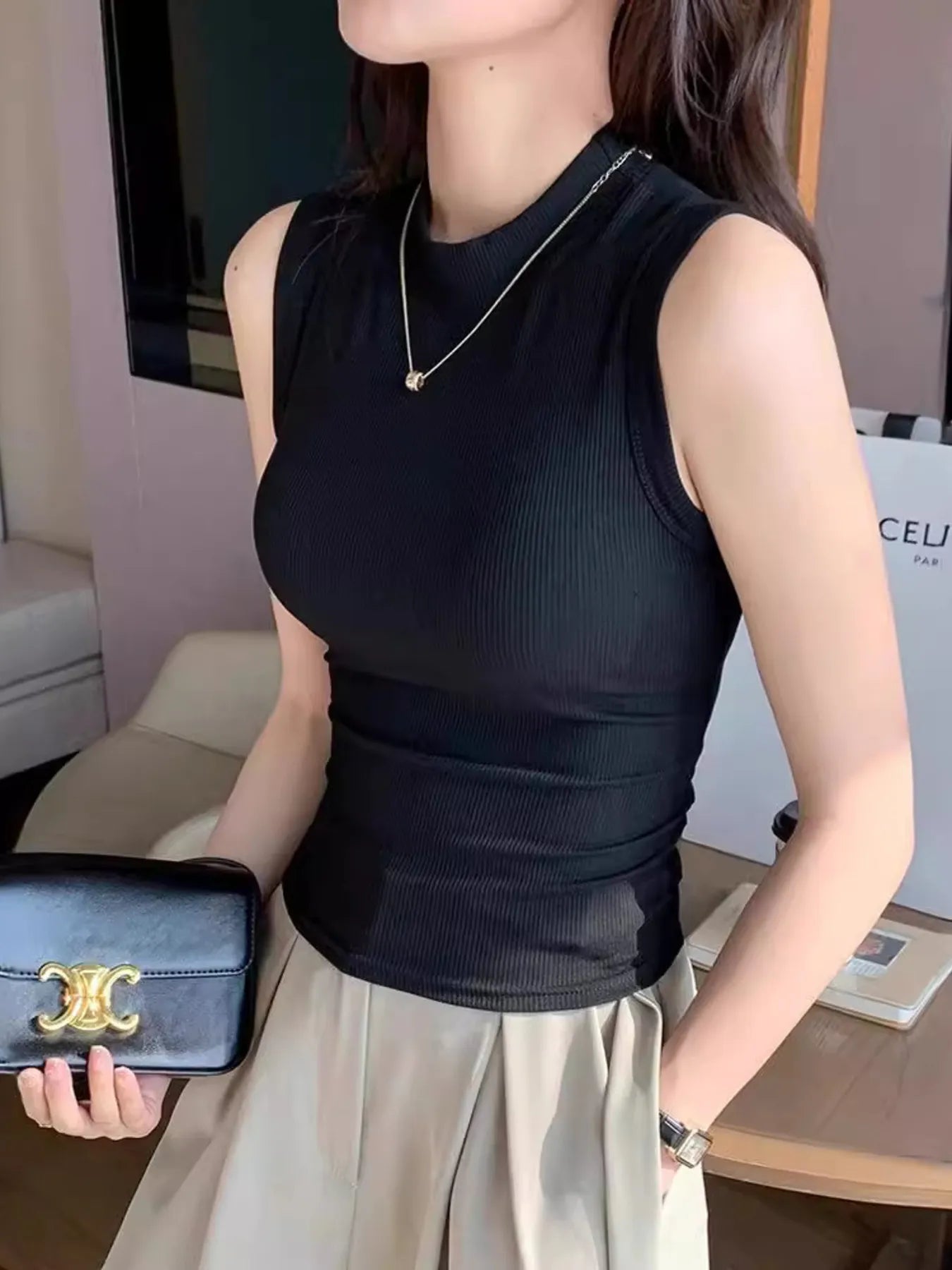 Ribbed Mock Neck Sleeveless Tank Top OutfitFlow