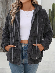 Outfit Flow - Checkered Texture Zip Up Drawstring Fuzzy Jacket