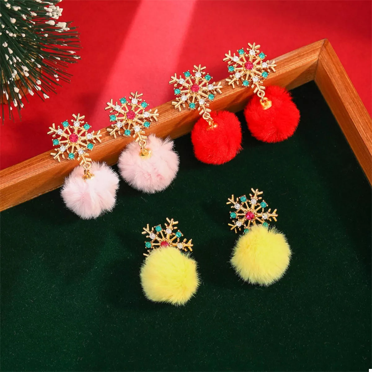 Christmas Snowflake Pom Pom Drop Earrings OutfitFlow