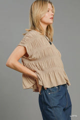 Umgee Short Sleeve Knit Smocked Top Trendsi