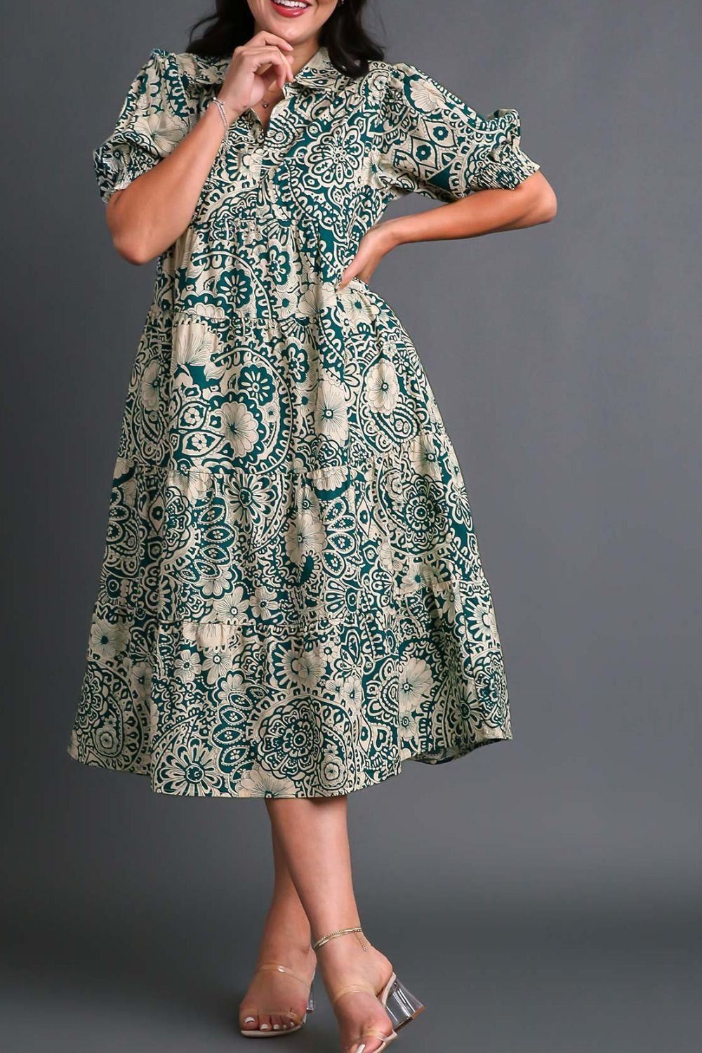Umgee Full Size Printed Smocked Cuff Puff Sleeve Midi Dress Plus Size OutfitFlow