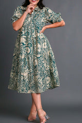 Umgee Full Size Printed Smocked Cuff Puff Sleeve Midi Dress Plus Size OutfitFlow