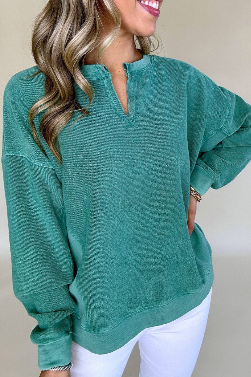 Notched Drop Shoulder Long Sleeve Sweatshirt Deep Teal OutfitFlow