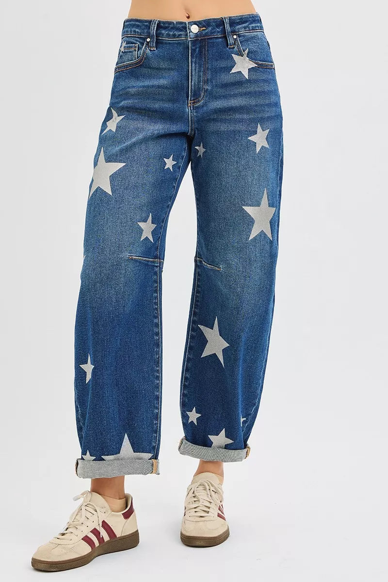 RISEN Mid Rise Ankle Length Relaxed Barrel Star Printed Jeans OutfitFlow