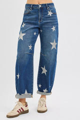 RISEN Mid Rise Ankle Length Relaxed Barrel Star Printed Jeans OutfitFlow