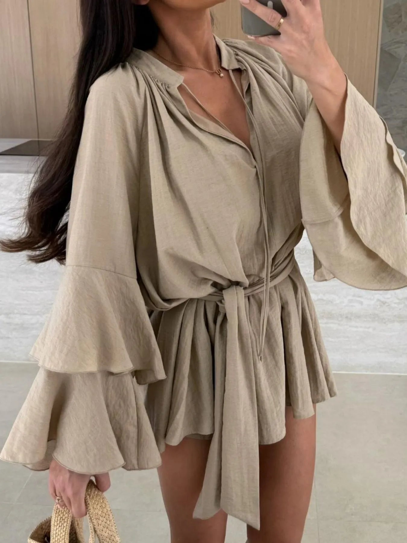 Bell Sleeve Tie Waist Mini Shirt Dress OutfitFlow