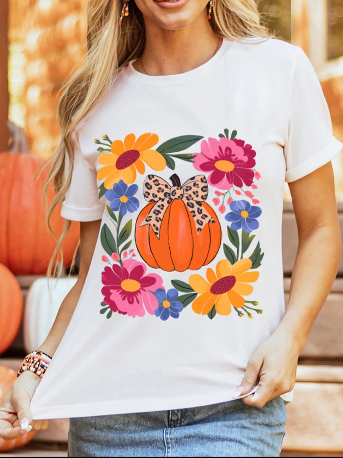 Pumpkin Floral Graphic Round Neck T-Shirt OutfitFlow
