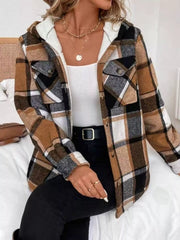 Hooded Plaid Button Up Jacket Trendsi
