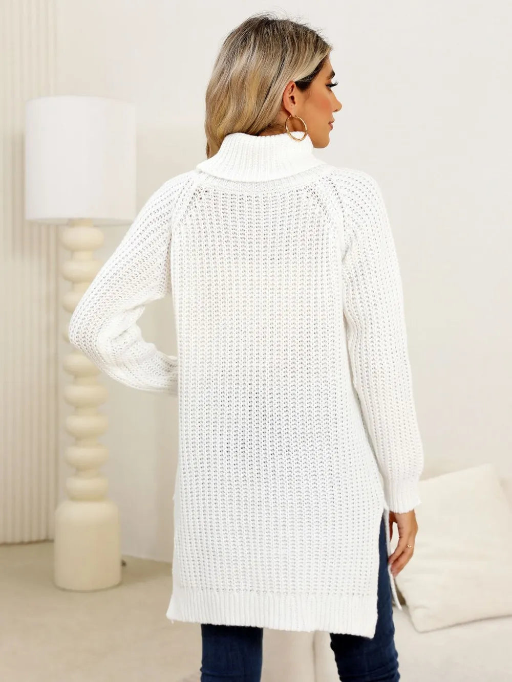 Slit Turtleneck Long Sleeve Sweater OutfitFlow
