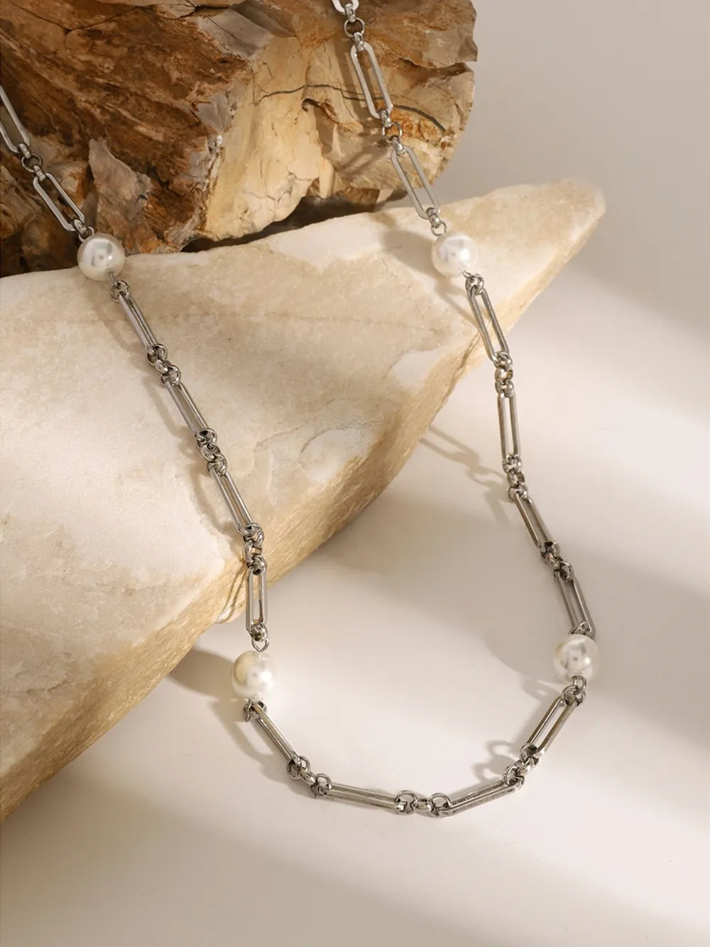 Stainless Steel Pearl Chain Necklace OutfitFlow