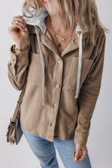Drawstring Button Up Long Sleeve Hooded Jacket OutfitFlow