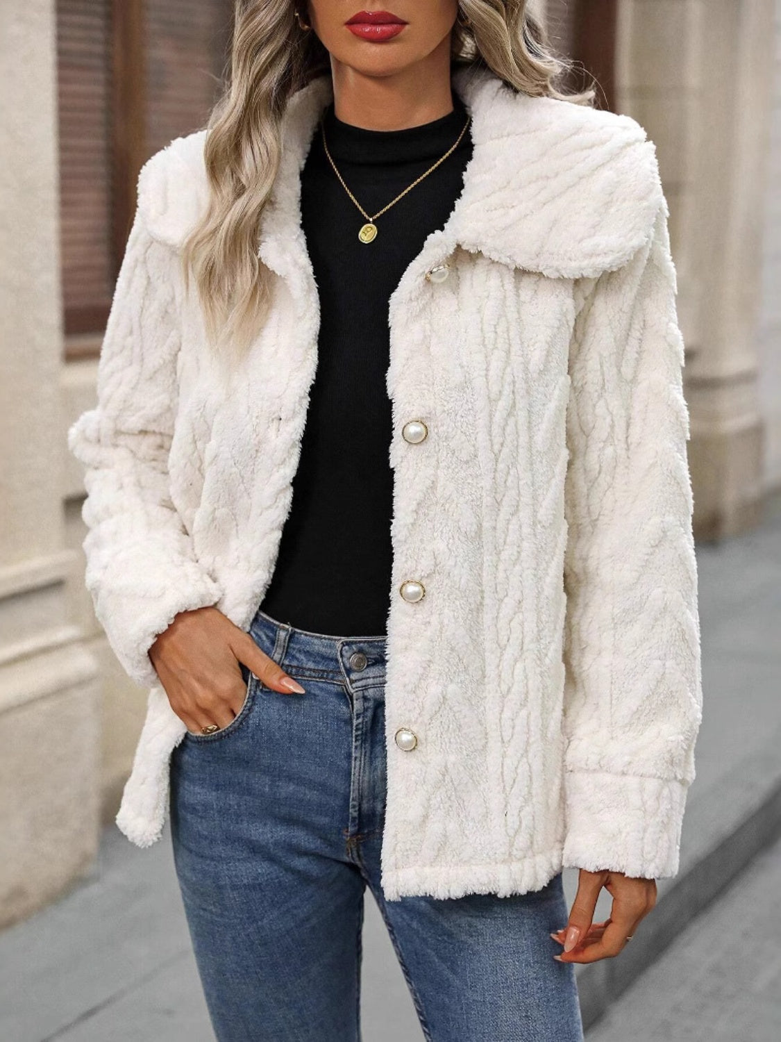 Fuzzy Texture Button Up Collared Neck Coat