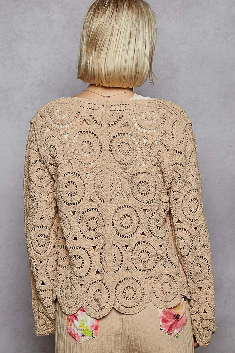 POL Button Down V-Neck Crochet Cardigan OutfitFlow