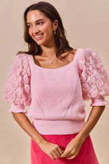 SO ME Rosette Sleeves Square Neck Sweater Knit Top OutfitFlow
