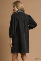 Umgee French Terry Balloon Sleeve Shift Dress with Leopard Print Detail OutfitFlow